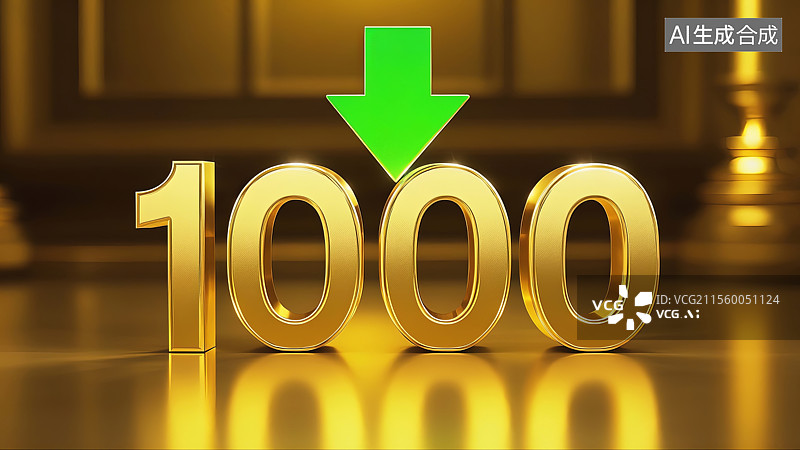 【AI数字艺术】3D渲染金价下跌1000元与绿色下箭头图标图片素材