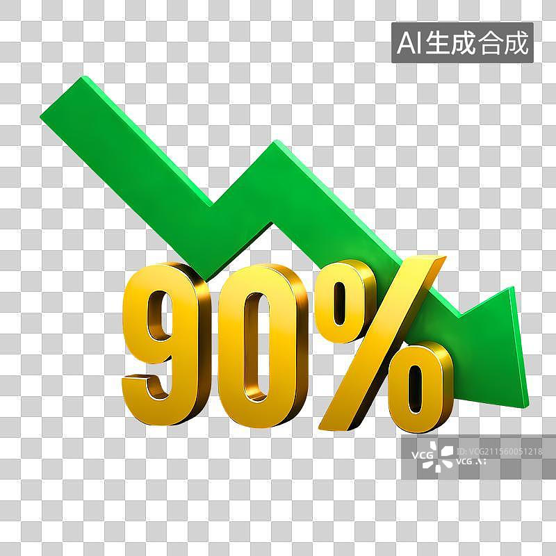 【AI数字艺术】3D渲染金色数字90%与绿色下降箭头图标图片素材
