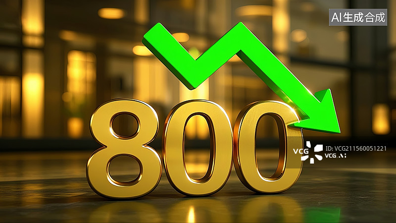 【AI数字艺术】3D渲染金价下跌800元与绿色下箭头图标图片素材