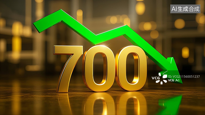 【AI数字艺术】3D渲染金价下跌700元与绿色下箭头图标图片素材