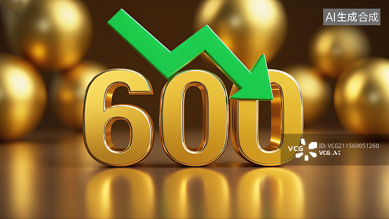 【AI数字艺术】3D渲染金价下跌600元与绿色下箭头图标图片素材