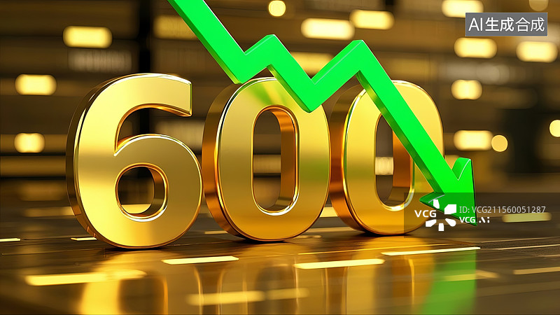 【AI数字艺术】3D渲染金价下跌600元与绿色下箭头图标图片素材
