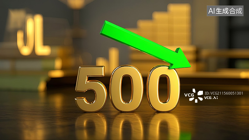 【AI数字艺术】3D渲染金价下跌500元与绿色下箭头图标图片素材