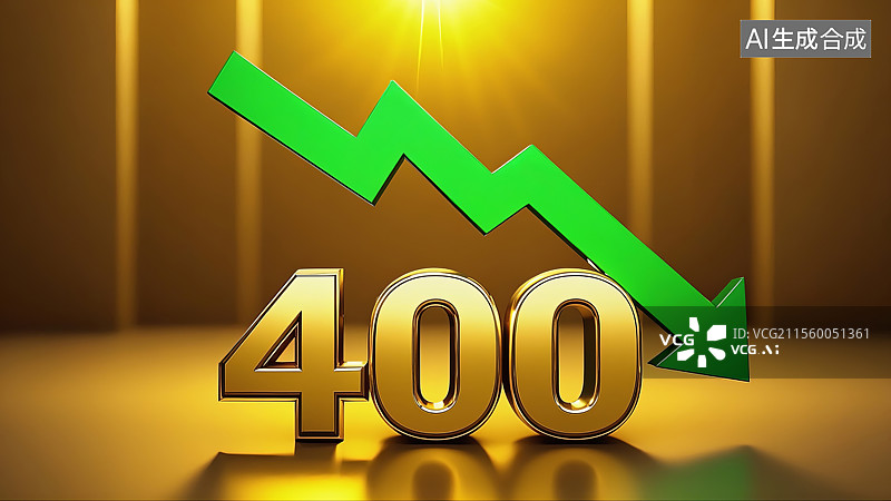 【AI数字艺术】3D渲染金价下跌400元与绿色下箭头图标图片素材