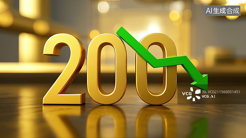 【AI数字艺术】3D渲染金价下跌200元与绿色下箭头图标图片素材