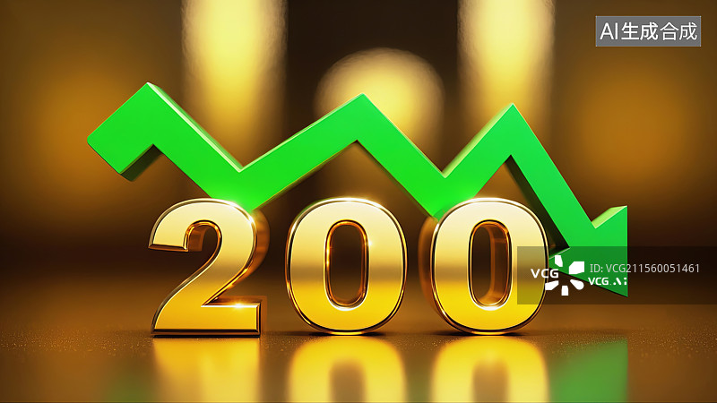 【AI数字艺术】3D渲染金价下跌200元与绿色下箭头图标图片素材