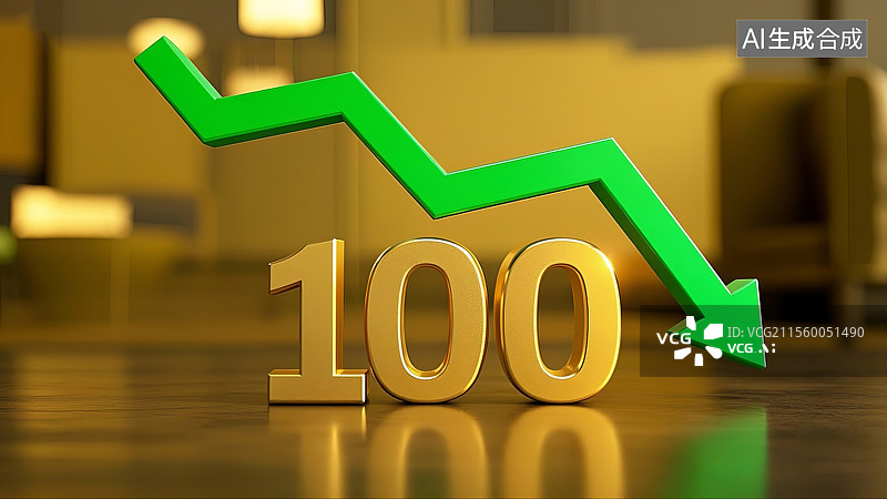 【AI数字艺术】3D渲染金价下跌100元与绿色下箭头图标图片素材