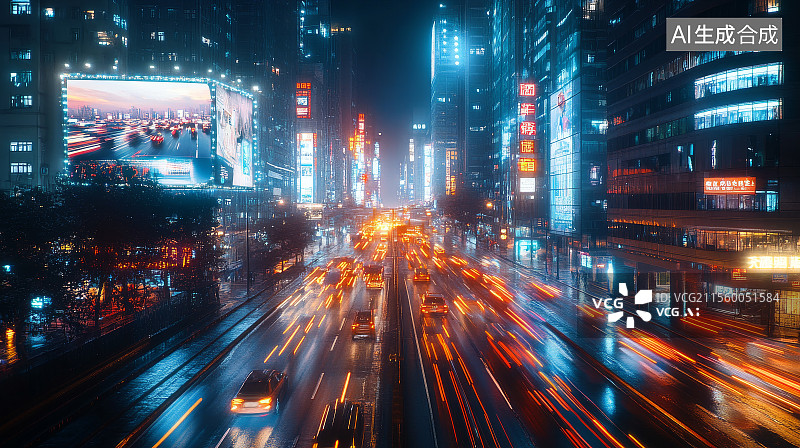 【AI数字艺术】未来之城夜间繁华车流图片素材