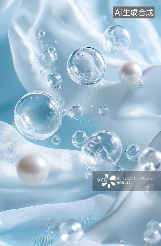 【AI数字艺术】蓝色绸缎上的气泡与珍珠图片素材