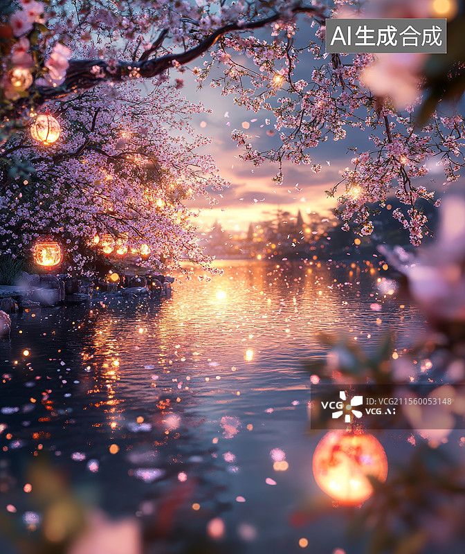 【AI数字艺术】樱花湖畔的宁静夜晚图片素材