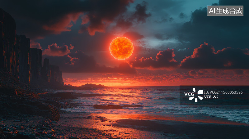 【AI数字艺术】荒芜海岸上的血月图片素材