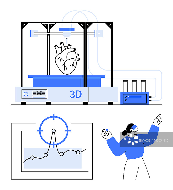 3D打印机正在制作人类心脏，旁边有图表和数据图片素材
