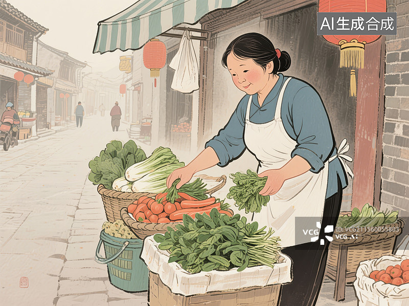 【AI数字艺术】正在街边卖菜的中年妇女国风手绘插画图片素材