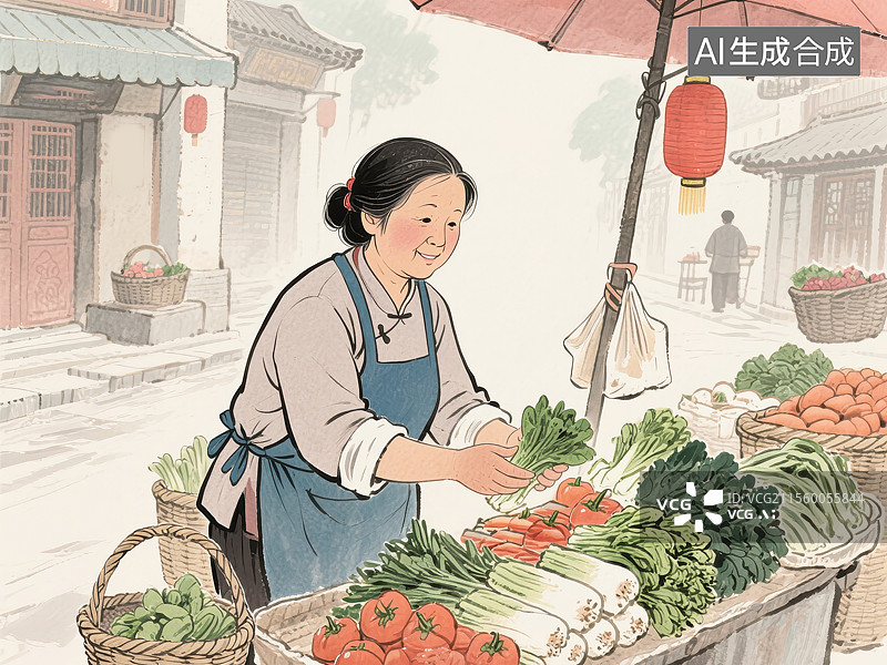 【AI数字艺术】正在街边卖菜的中年妇女国风手绘插画图片素材