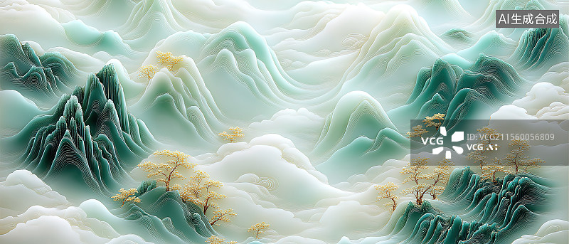 【AI数字艺术】国风金镶玉雕山水画宽屏插图图片素材