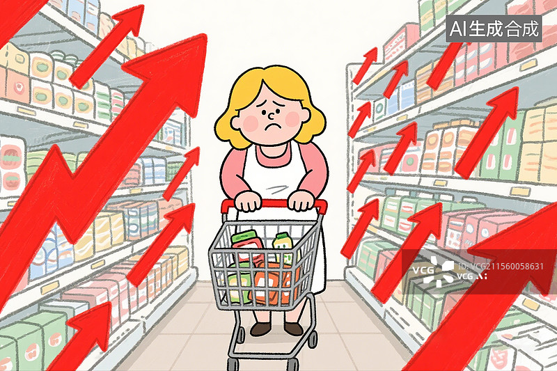 【AI数字艺术】黄头发女人在超市购物，超市价格涨价图片素材