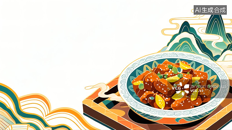 【AI数字艺术】2D卡通右下咕噜肉食物插画图片素材