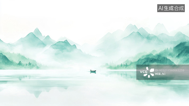 【AI数字艺术】湖面上的小船国风极简水墨山水画图片素材