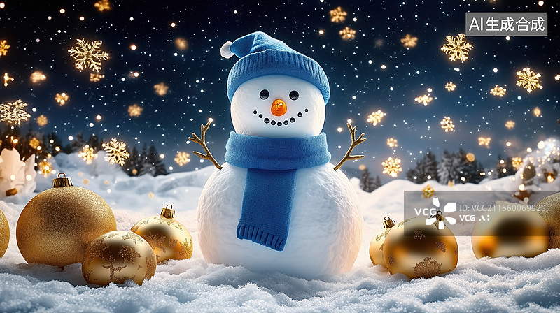 【AI数字艺术】圣诞雪人与金球图片素材