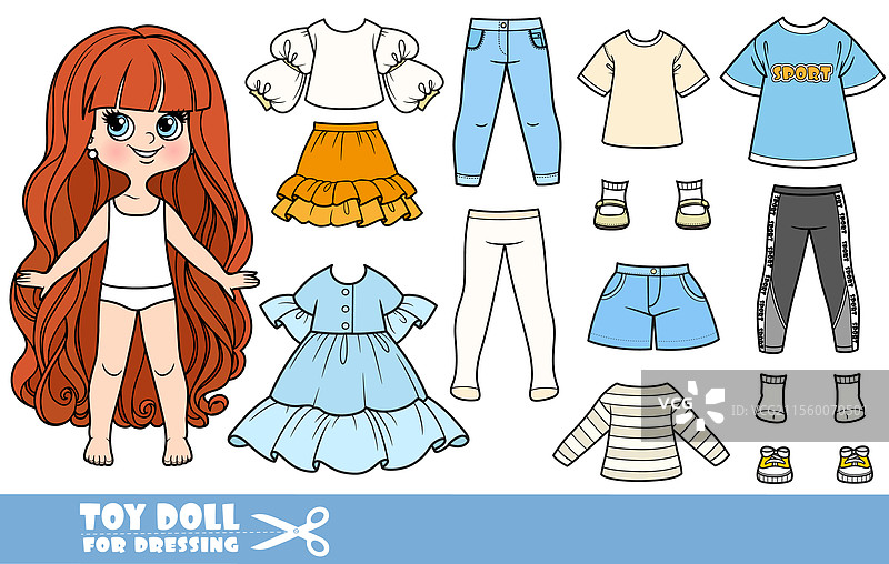 长发飘飘的卡通女孩与衣服图片素材