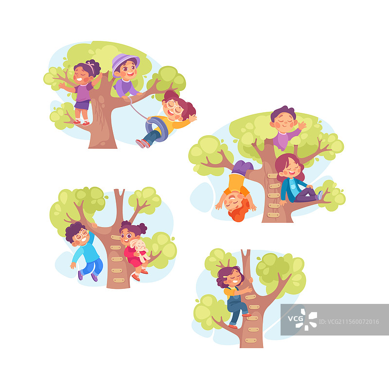 孩子在院子里的树上玩耍图片素材