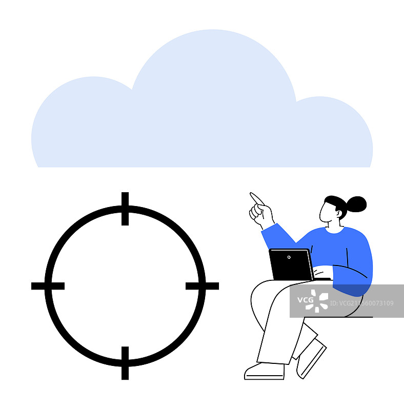 一个拿着笔记本电脑的人指着一朵大蓝色云彩图片素材
