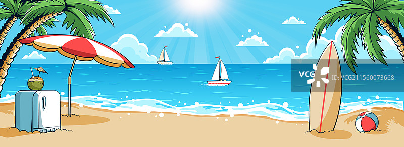 阳光明媚的夏季海滩场景，椰子树摇曳。图片素材