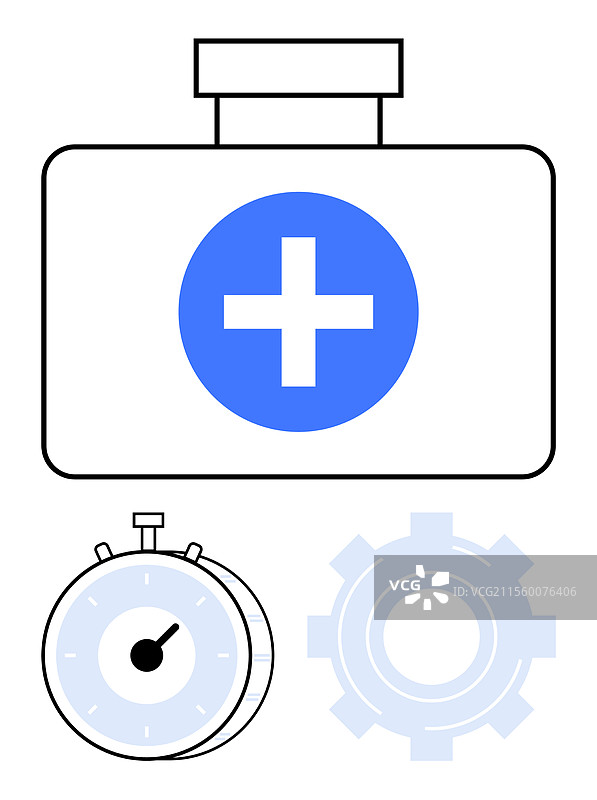 带有十字标志的医疗包、秒表和齿轮图片素材