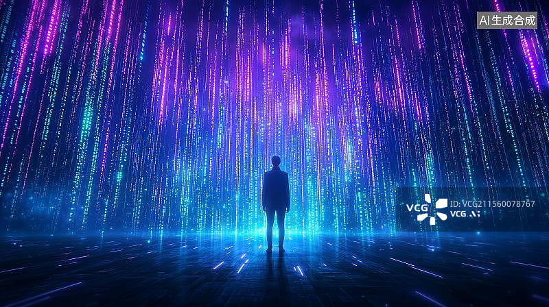 【AI数字艺术】人站在炫彩科技字符光幕下背景图片素材