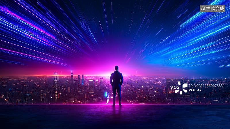 【AI数字艺术】人站在炫彩科技字符光幕城市前背景图片素材