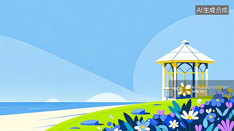 【AI数字艺术】2D卡通居下春天公园凉亭花丛插画图片素材