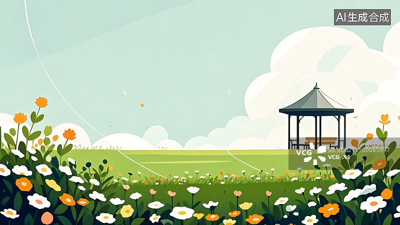 【AI数字艺术】2D卡通居下春天公园凉亭花丛插画图片素材