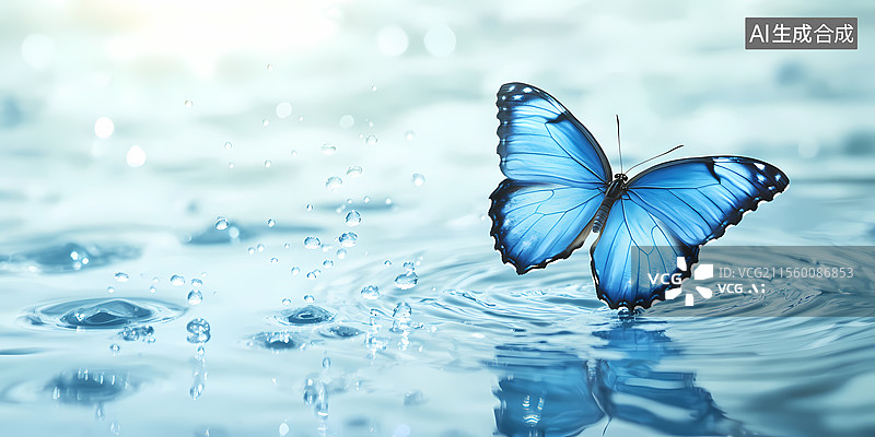 【AI数字艺术】水面上美丽的蓝色蝴蝶图片素材