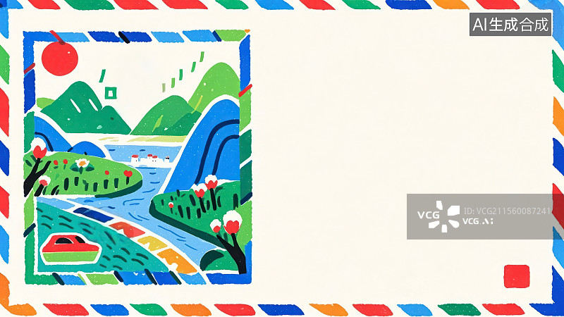 【AI数字艺术】2D卡通居左-山水风景邮票设计图片素材