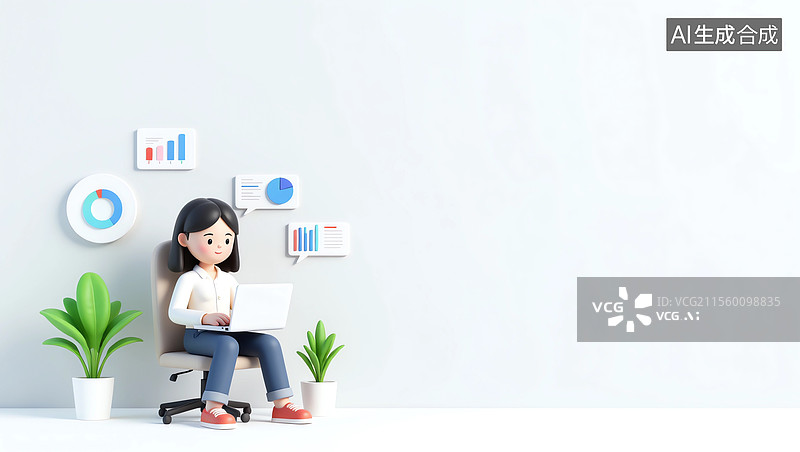 【AI数字艺术】办公场景中的女性插画3D人物插画居左图片素材
