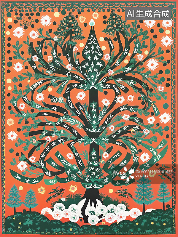 【AI数字艺术】色彩鲜艳的装饰性花卉佩斯利围巾手帕图案，剪纸植物花纹装饰图腾插画 中国传统剪纸窗花花鸟插画图片素材