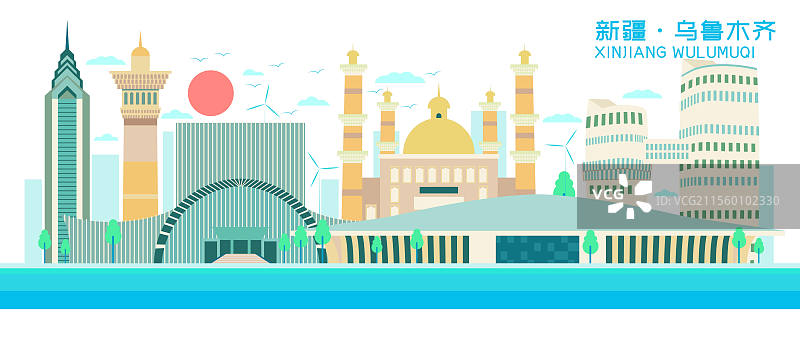 绿色低碳城市科技感扁平矢量插画—新疆 乌鲁木齐图片素材
