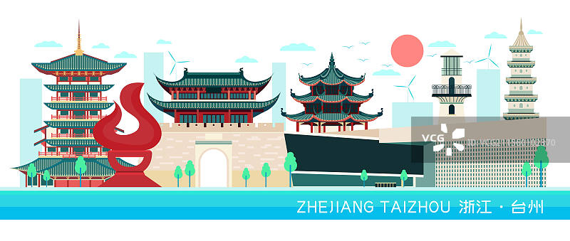 绿色低碳城市科技感扁平矢量插画—浙江 台州图片素材