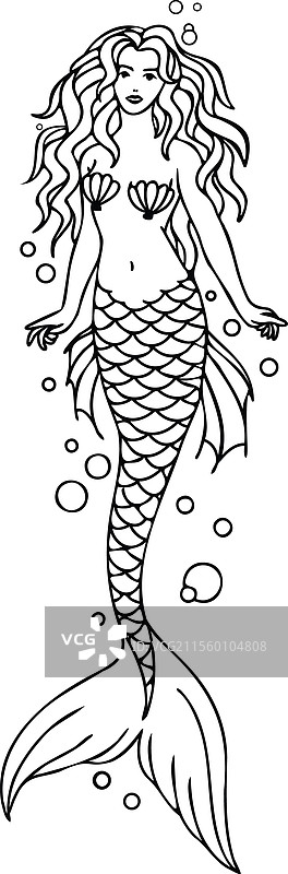 可爱的美人鱼，适合涂色书使用图片素材