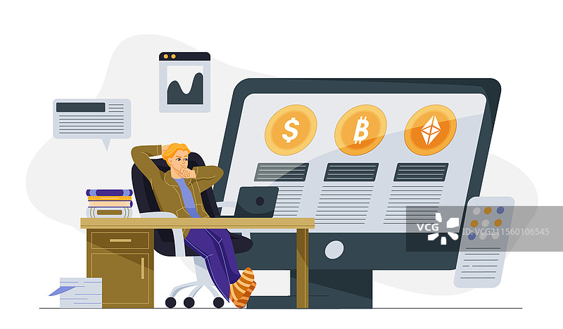 年轻男子在电脑旁与加密货币相关图片素材
