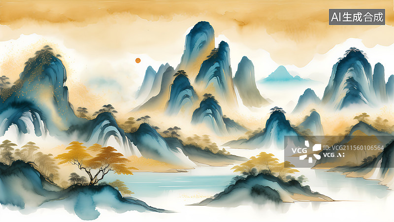 【AI数字艺术】中国山水画 美丽的自然风光与山脉图片素材