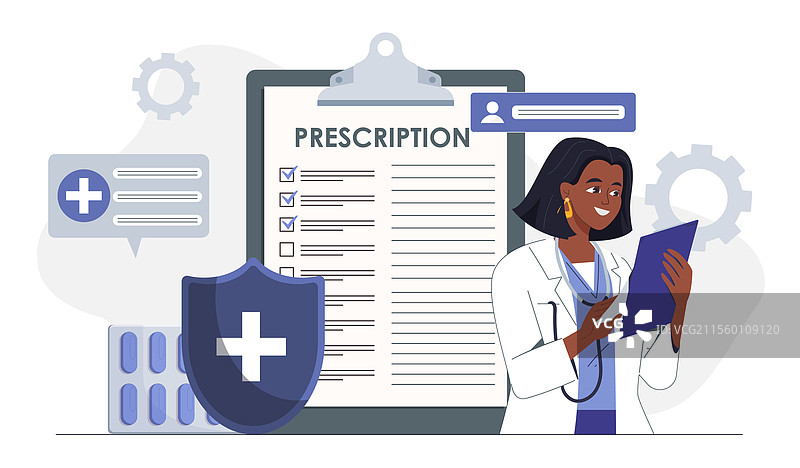 药剂师与开处方的女性在医疗环境中图片素材