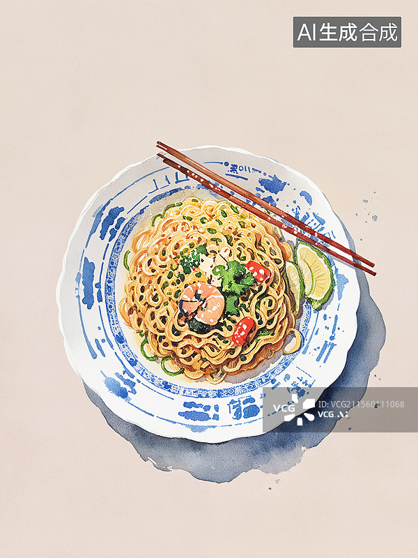【AI数字艺术】筷子搅拌着一碗面条插画 西红柿鸡蛋面 一碗米粉，米线，螺蛳粉，炸酱面 热干面 担担面，麻辣小面图片素材
