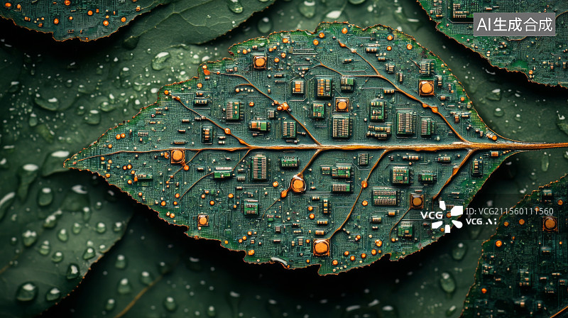 【AI数字艺术】叶子电路与水纹边框生态峰会背景图片素材