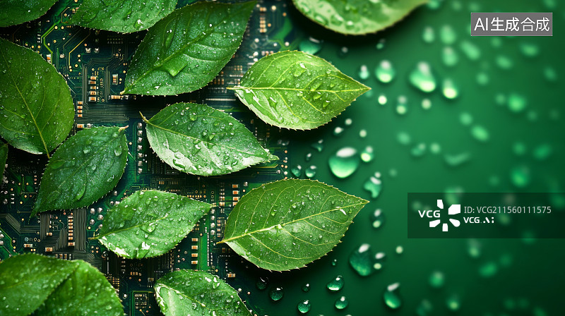 【AI数字艺术】叶子电路与水纹边框生态峰会背景图片素材