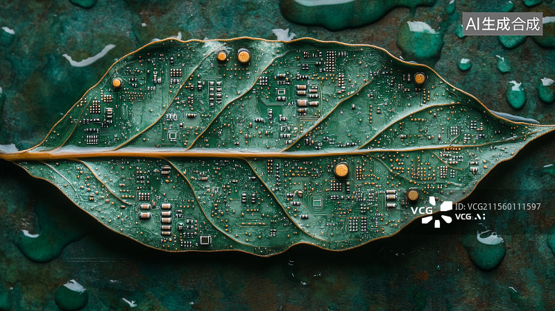 【AI数字艺术】叶子电路与水纹边框生态峰会背景图片素材
