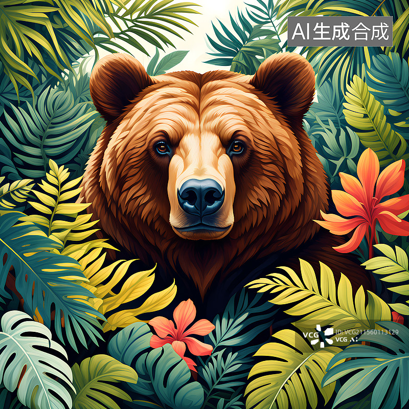 【AI数字艺术】动物主题插画 躲在花丛中的棕熊图片素材