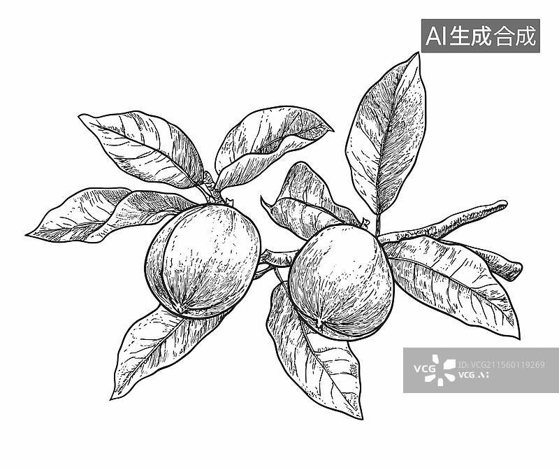 【AI数字艺术】手绘澳洲坚果与树叶图片素材