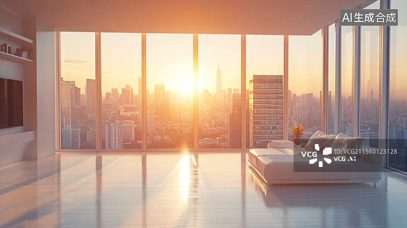 【AI数字艺术】现代城市建筑内部空间与落地窗外的城市天际线图片素材