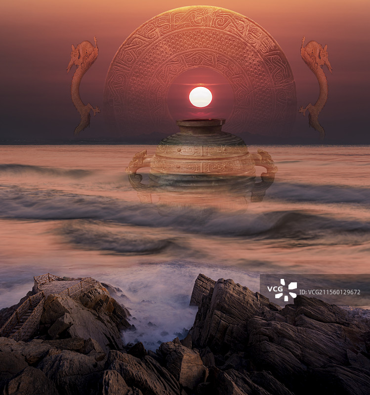 山东威海猫头山及战国大玉璧及西周颂簋文物图片素材